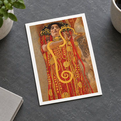 A vertical art print featuring a stylized classical figure in ornate red and gold clothing against a warm beige background, shown centered on a white page area.