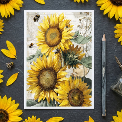 A vintage-style botanical illustration featuring three large yellow sunflowers with detailed brown seed centers, green leaves, and several bees on a faded cream background with script and botanical elements.
