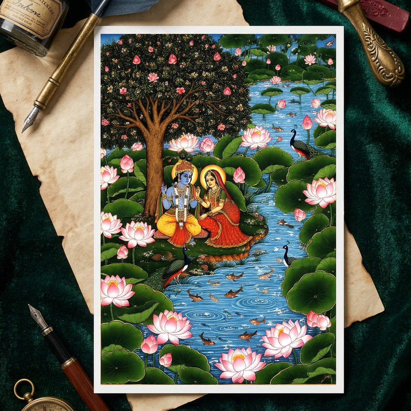 A traditional Indian-style artwork depicting a blue-skinned man and a red-skinned woman seated by a river of water, surrounded by pink lotus flowers, green lily pads, birds, and a tree, with an ornate decorative border around the scene.
