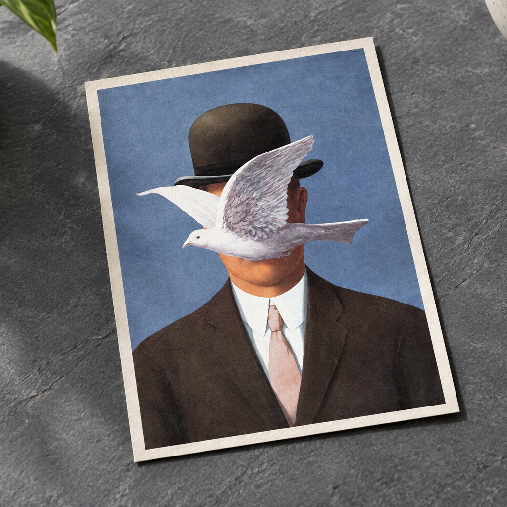 A surreal painting of a man in a dark bowler hat, brown suit, white shirt, and pale pink tie against a textured blue background, with a white dove flying across his face.