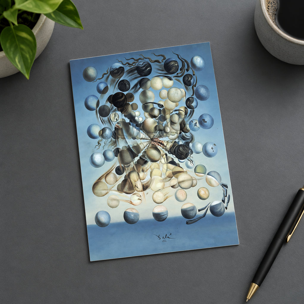 An abstract surrealist painting featuring floating spherical forms in shades of blue, gray, cream, black, and beige against a pale blue background, with a signature and year at the bottom.