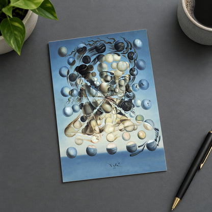 An abstract surrealist painting featuring floating spherical forms in shades of blue, gray, cream, black, and beige against a pale blue background, with a signature and year at the bottom.