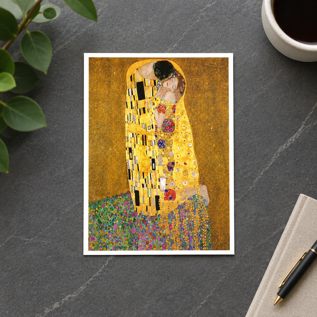 Famous golden-toned artwork depicting a couple embracing, with a gold background and a field of multicolored flowers at the bottom. This is a painting/print where the depicted scene itself is the product, so subject_type is Scenery rather than Product/Packaging.