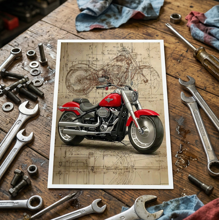 A red and silver cruiser motorcycle is shown in profile against a vintage-style blueprint background with a faint larger motorcycle drawing behind it.