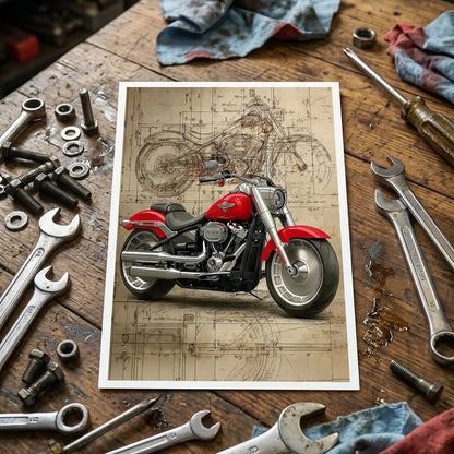 A red and silver cruiser motorcycle is shown in profile against a vintage-style blueprint background with a faint larger motorcycle drawing behind it.