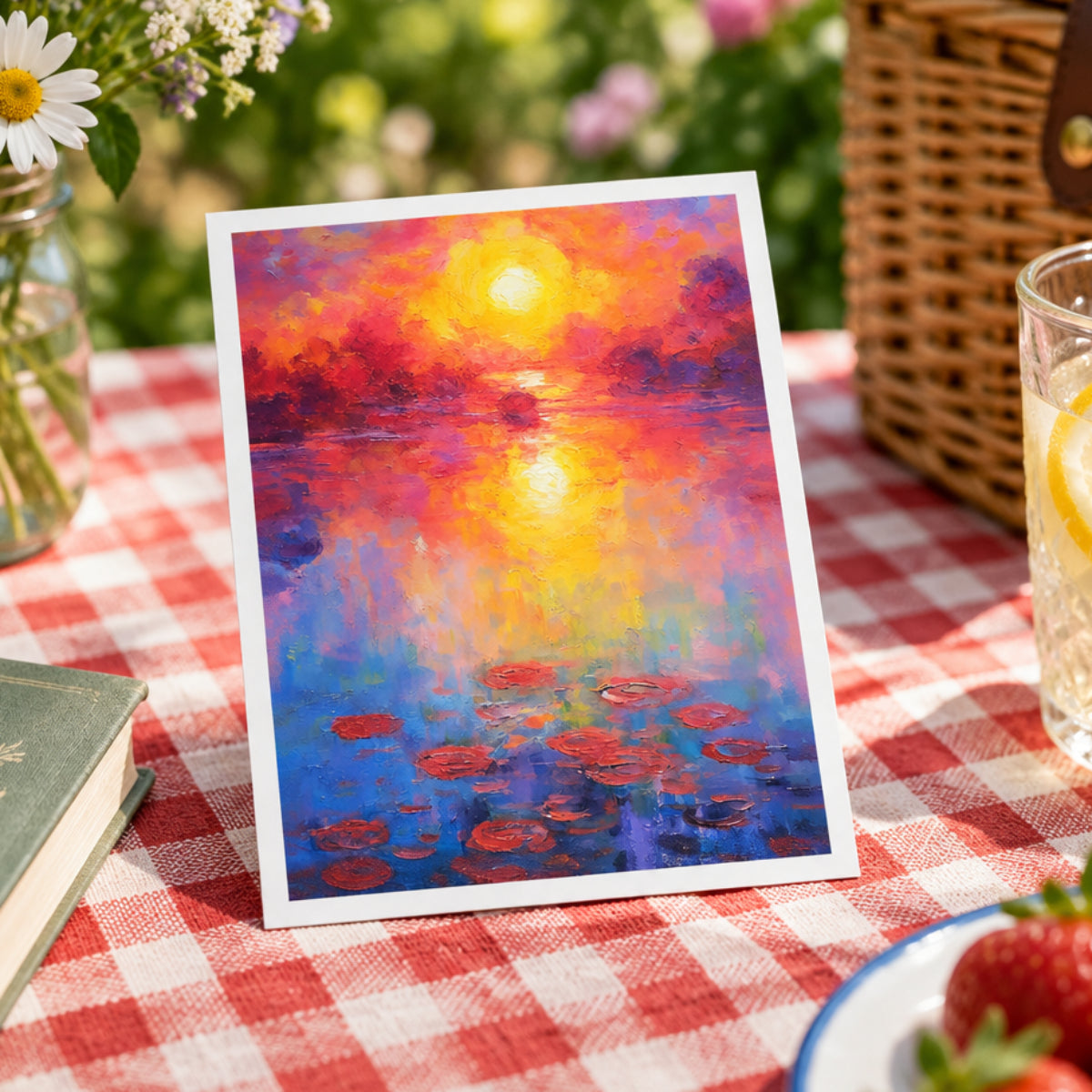 An impressionistic painting of a sunset over water, featuring a glowing yellow sun and its reflection on the horizon, with red and orange clouds above and blue water below dotted with red lily pads.