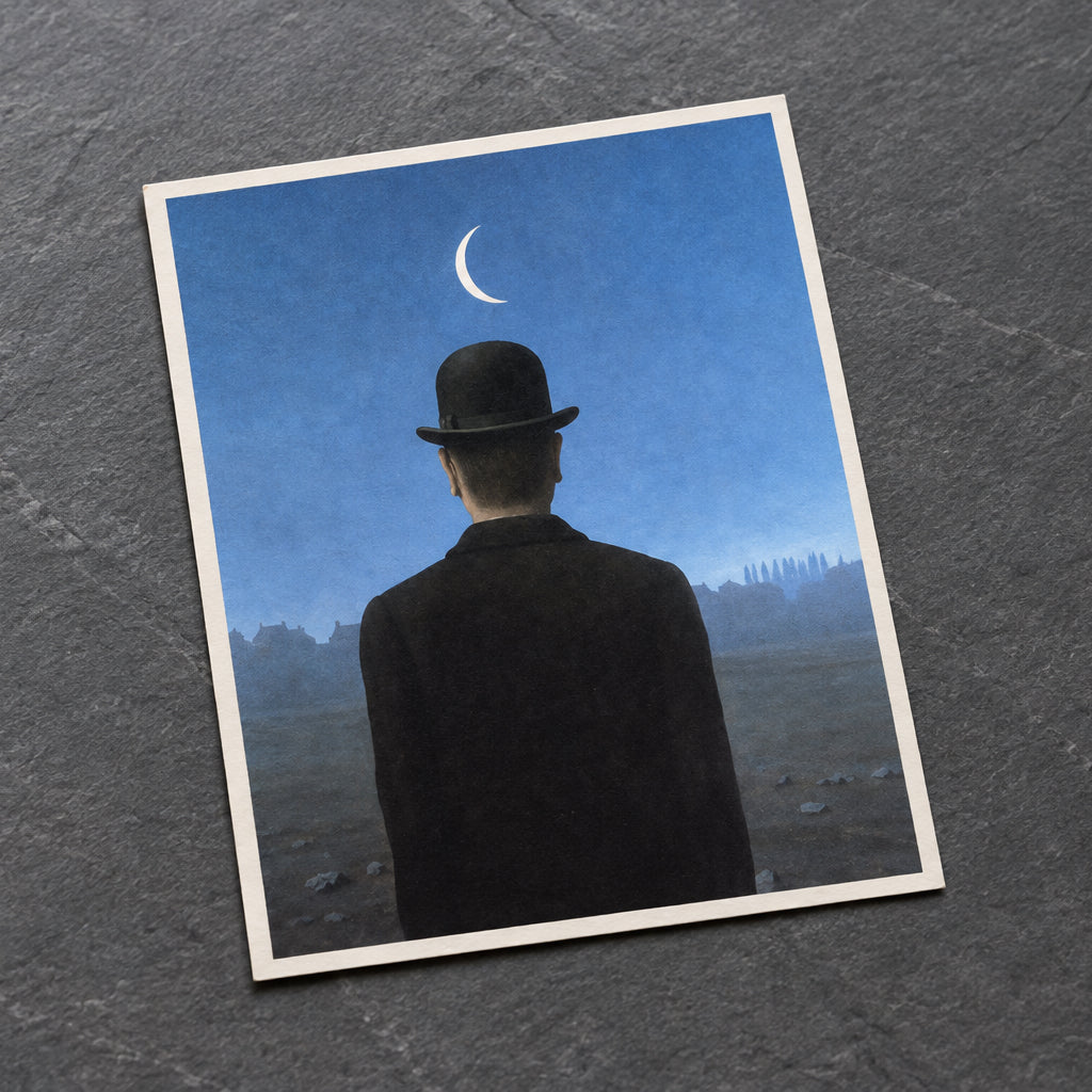 A surreal artwork showing a man from behind wearing a black bowler hat and dark coat, standing in a barren landscape under a blue sky with a white crescent moon above his head.