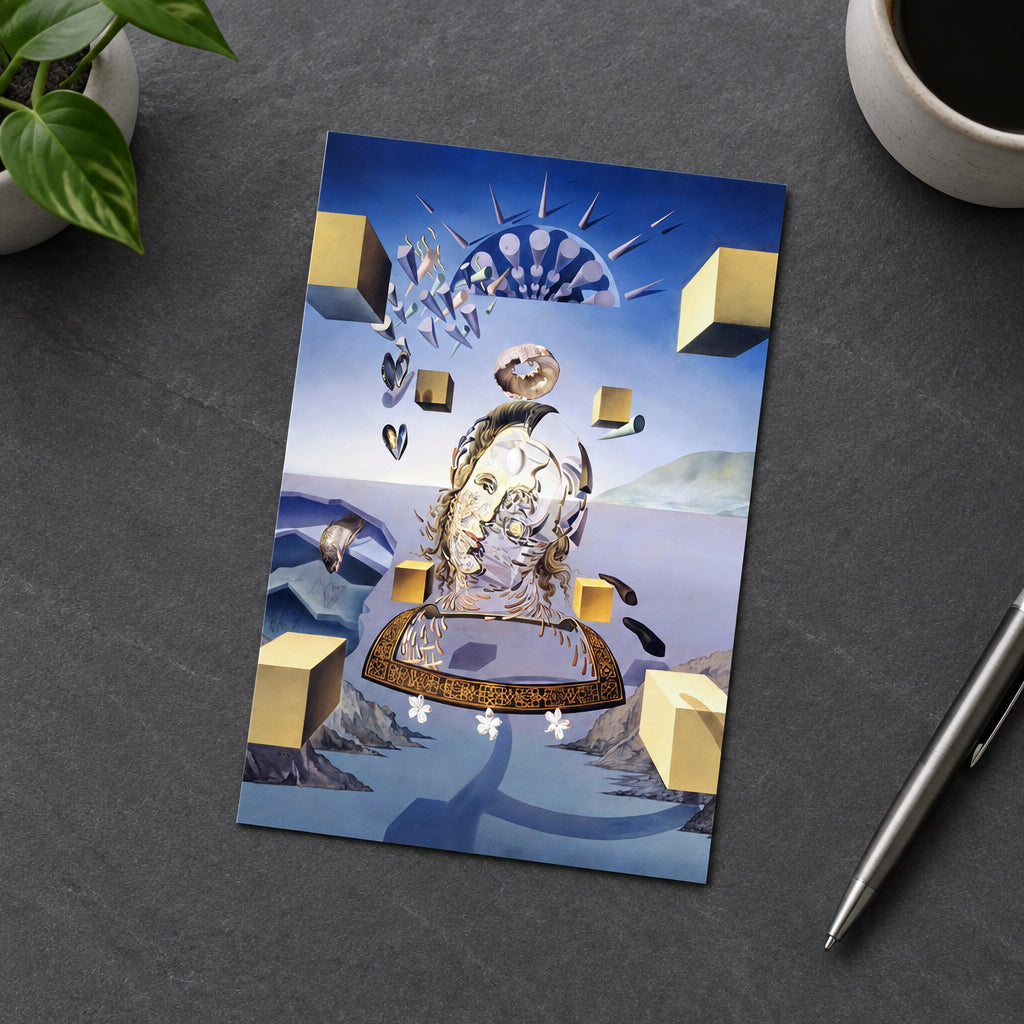 Surrealist artwork featuring a central distorted human head and face emerging from a decorative base, surrounded by floating gold cubes, abstract shapes, mountains, and a blue sky background.