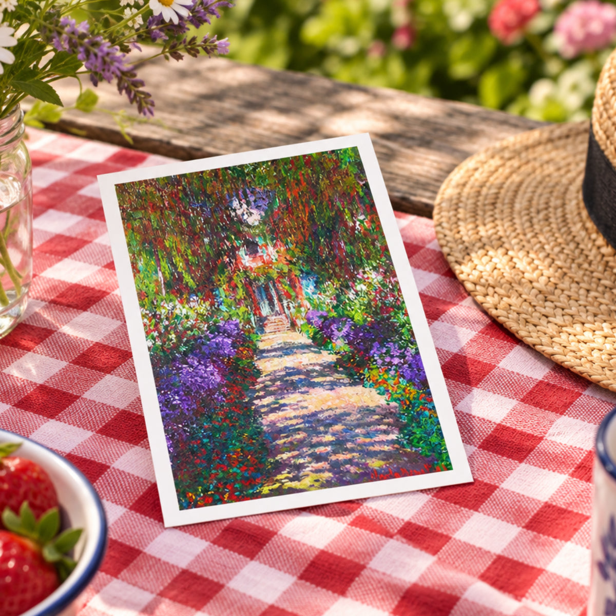 Impressionist-style garden scene painting with a sunlit path leading through dense greenery and purple flowers toward a distant red-roofed structure.