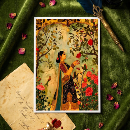 A detailed traditional Indian miniature painting depicting a woman in a dark navy and green sari with gold patterns, standing in a lush garden with red flowers and birds.
