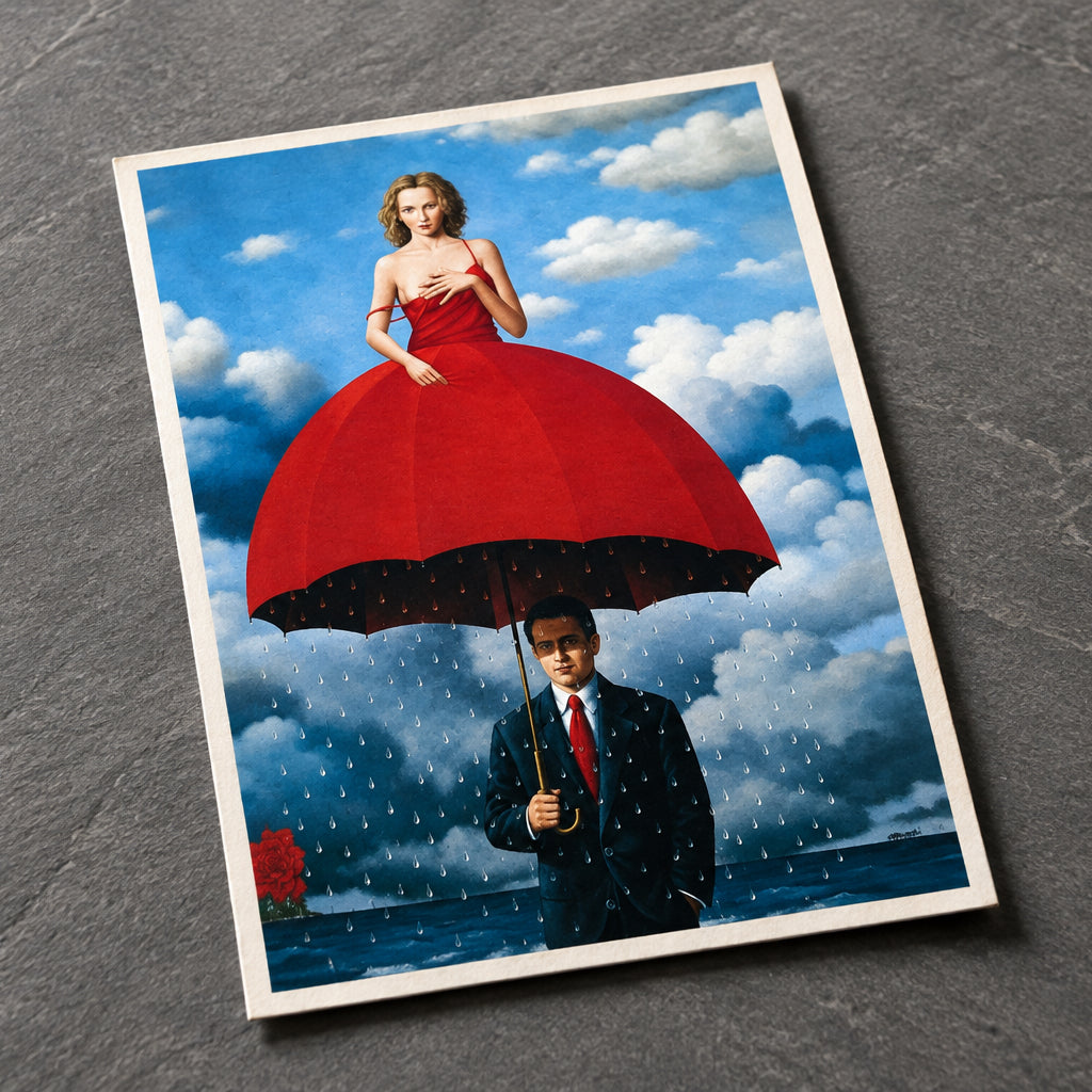 A surreal painting showing a woman in a voluminous red dress seated on a large red umbrella, with a man in a dark suit and red tie standing beneath holding the umbrella handle, against a blue sky with white clouds.