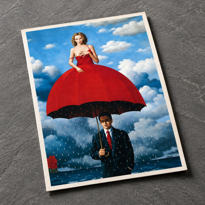 A surreal painting showing a woman in a voluminous red dress seated on a large red umbrella, with a man in a dark suit and red tie standing beneath holding the umbrella handle, against a blue sky with white clouds.