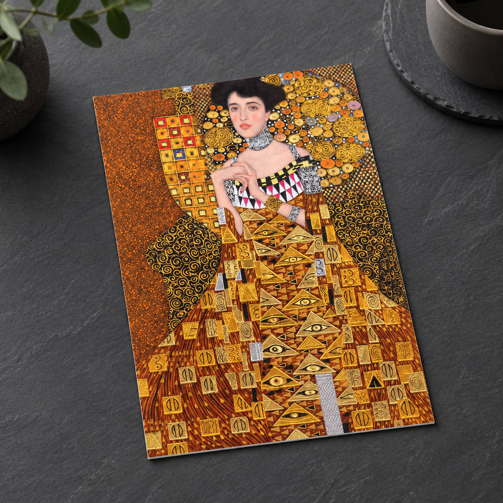 A stylized portrait artwork of a woman in ornate gold and brown patterned clothing with geometric and eye motifs, filling the frame.