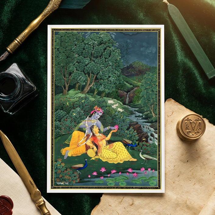 A traditional Indian style painting depicting a romantic scene of two figures by a river, with one in a yellow robe offering a pink lotus flower. The scene is surrounded by lush green trees, a winding stream, and peacocks, framed by an ornate gold border.