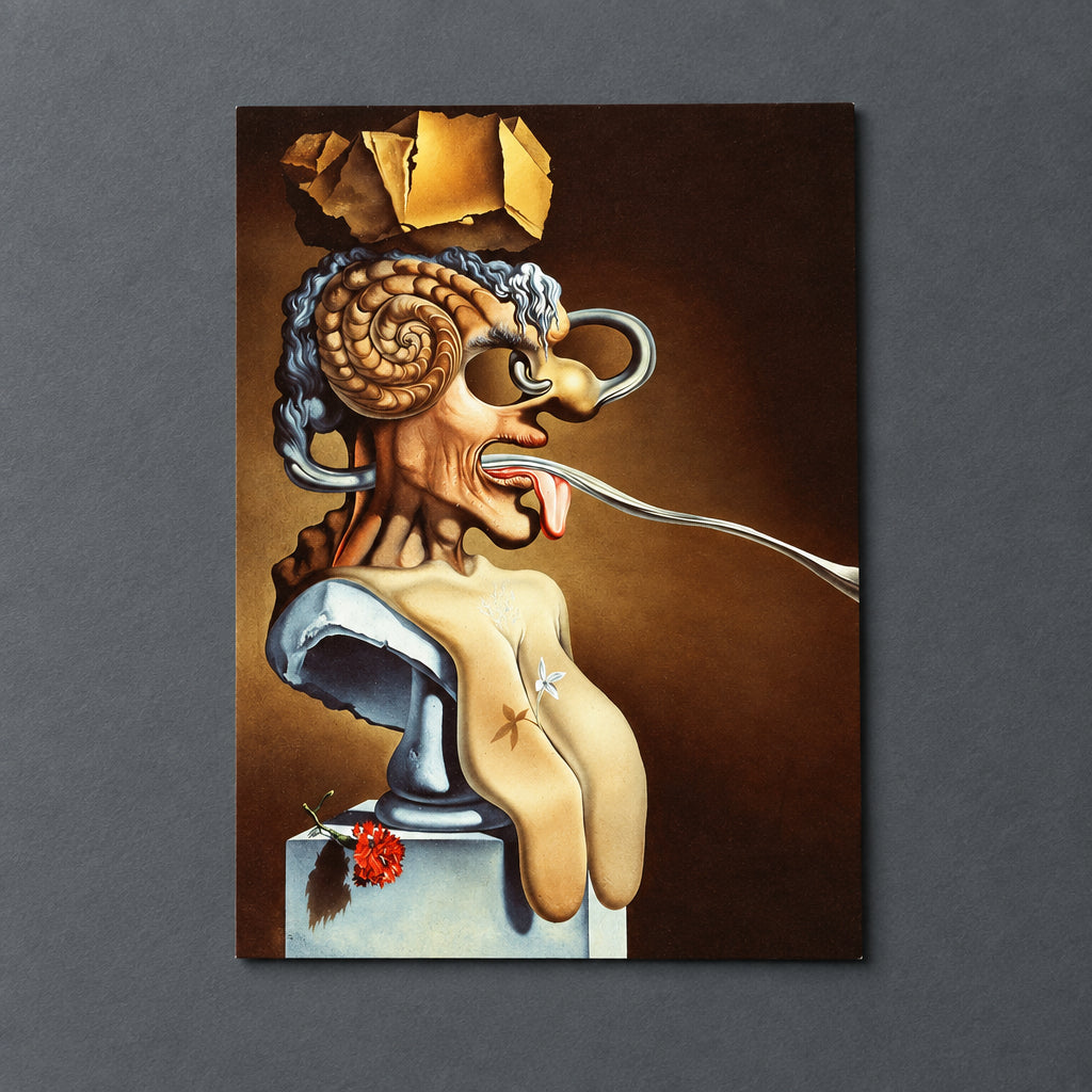 Surrealistic painting of a nude female torso with a ram's skull and twisted metal headpiece, set against a dark brown background with a torn gold box above and a red flower at the base.