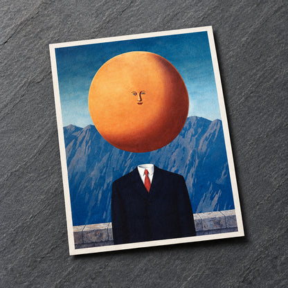 Surreal artwork of a headless figure in a black suit with a white shirt and red tie, set against a blue mountain landscape with a large orange sun-like sphere floating above its head.