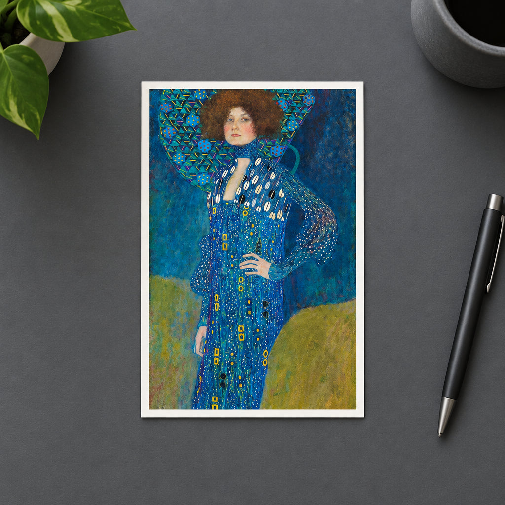 An impressionist-style portrait painting of a woman in a long blue patterned dress and matching hat, rendered with expressive brushstrokes in blue, green, yellow, and brown tones.