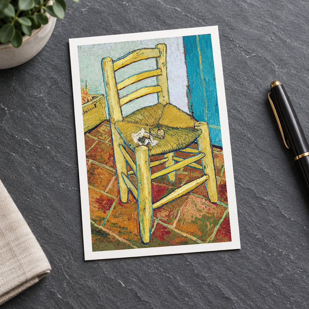 Vincent van Gogh-style painting of a yellow wooden chair with a woven seat, placed on a tiled floor beside a blue door and a green crate.