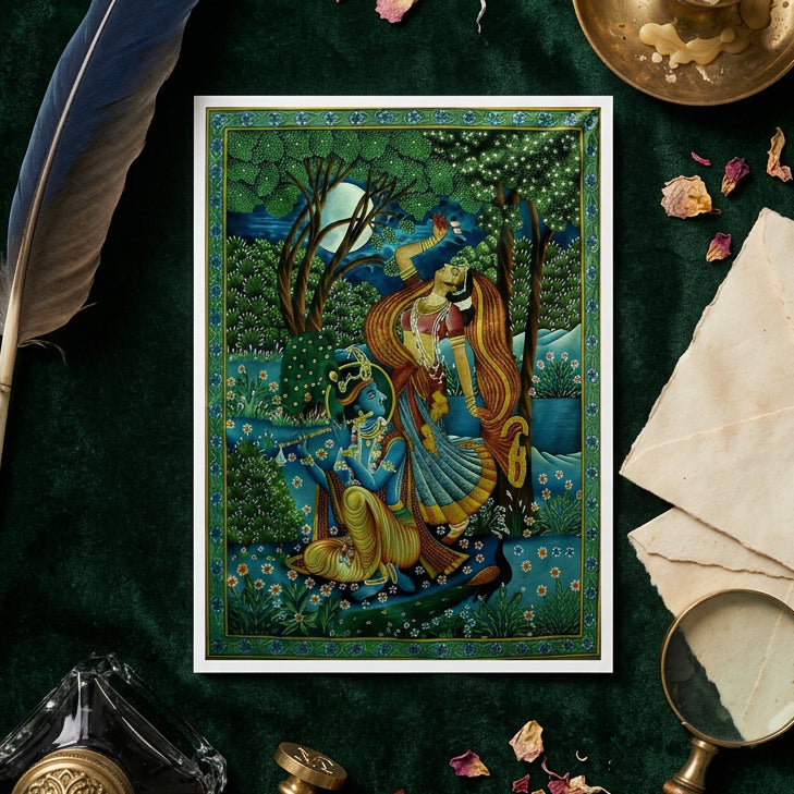 A traditional Indian folk art painting depicting a mythological scene with a blue-skinned demon and a woman with long flowing hair under a full moon, surrounded by a decorative floral border.