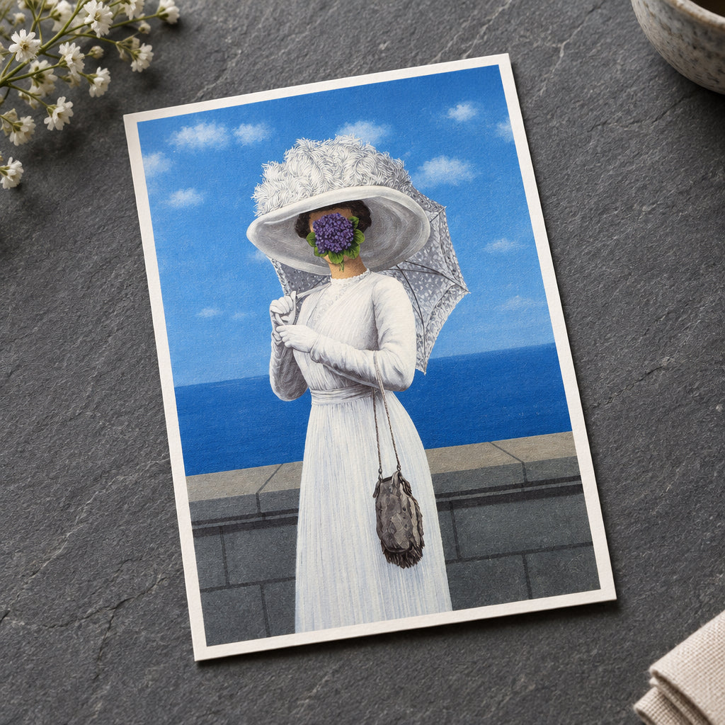 A surreal painting of a woman in a long white dress and large white feathered hat, holding a white lace parasol and carrying a small dark handbag, with a bouquet of purple flowers obscuring her face against a blue sky and sea background.