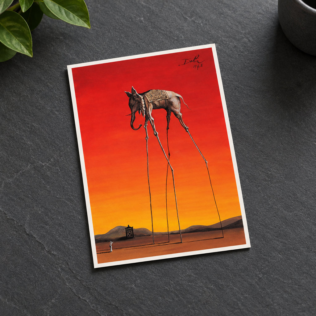 A surreal painting of an elephant with extremely long legs standing in a desert landscape under a vivid red and orange sky. The artwork includes a small figure at the bottom left and a signature in the top right.