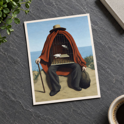 A surreal painting of a seated figure draped in a rust-red cloak, with a birdcage over the head holding two white birds, set against a pale blue sky and sea background.