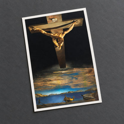A dramatic religious painting showing Jesus Christ crucified on a large cross against a dark sky, with a coastal landscape and boats below.
