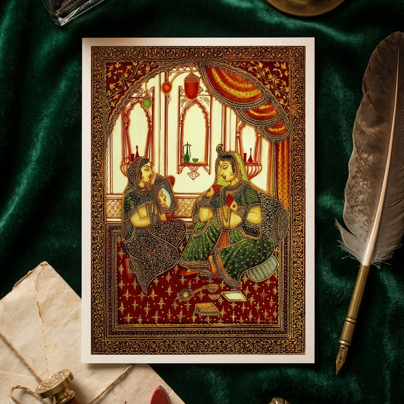 A traditional Indian miniature painting depicting two figures seated indoors under an ornate arch, with rich red, gold, green, and cream tones throughout the scene.