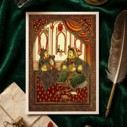 A traditional Indian miniature painting depicting two figures seated indoors under an ornate arch, with rich red, gold, green, and cream tones throughout the scene.