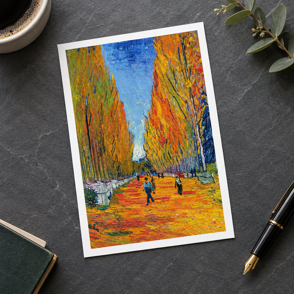 Impressionist-style painting of a tree-lined avenue in autumn, with tall orange and yellow trees on both sides, a blue sky in the distance, and small figures walking along the path.