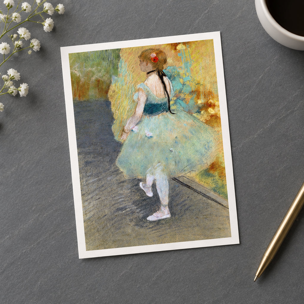 Impressionist-style painting of a young ballerina seen from behind, wearing a pale blue-green tutu with a dark navy bodice and white shoes, standing on a dark floor against a warm yellow and green painted background.