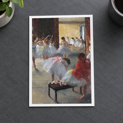 Impressionist-style painting of young ballerinas in a dance studio, with white tutus, a red dress, a bench with pointe shoes, and warm brown and beige tones.