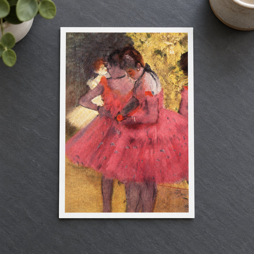 Impressionist-style painting of two ballerinas in pink and red tutus embracing, with a soft yellow and dark background.