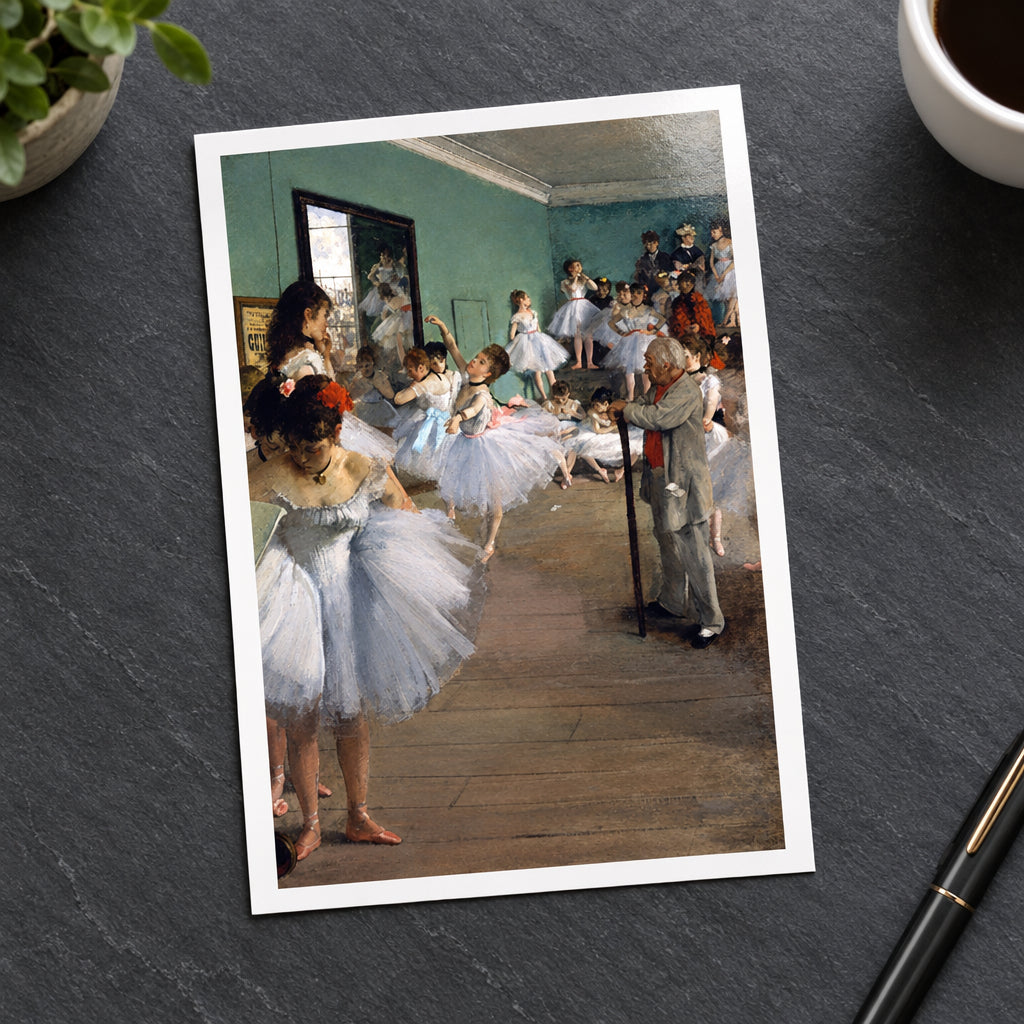 A painted scene of young ballerinas in white and pale blue tutus practicing inside a dance studio, with an older man standing nearby holding a cane. The room has teal walls, a wooden floor, mirrors, and several additional children in the background.