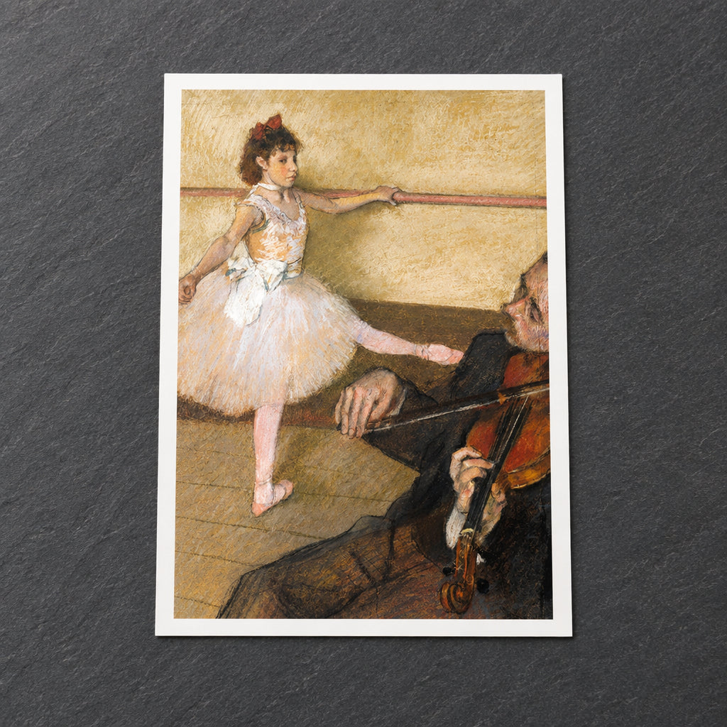 Impressionist-style painting of a young ballerina in a white tutu extending her leg toward a violinist seated by a barre in a dance studio.