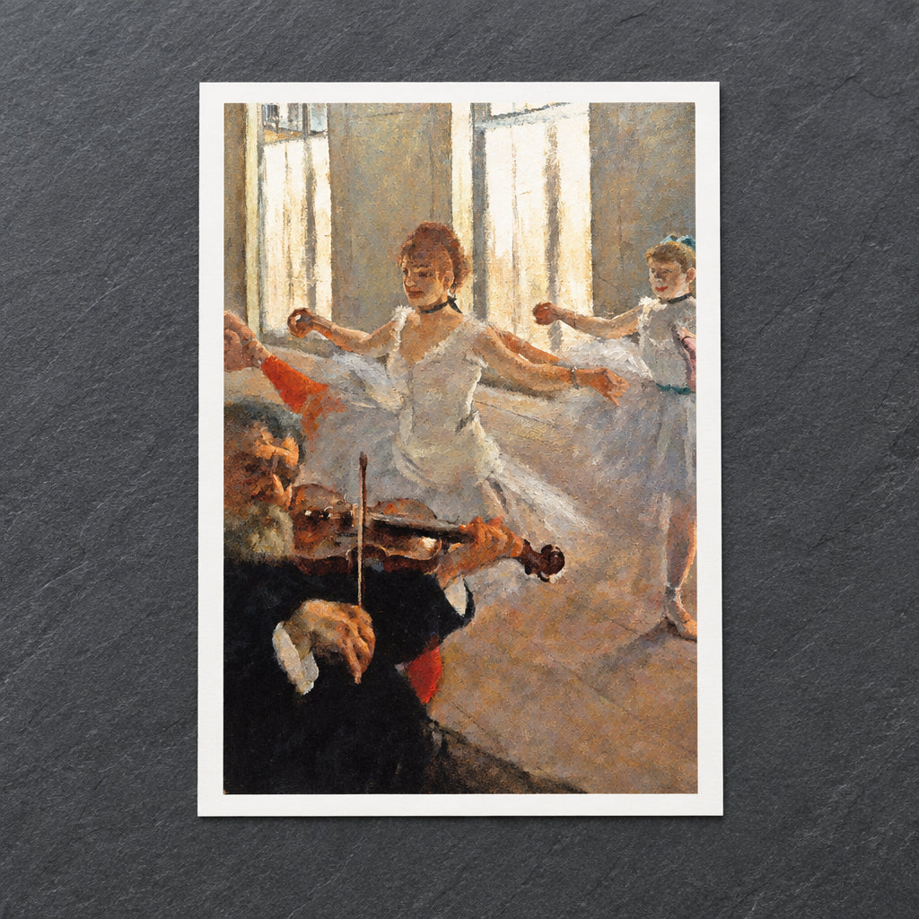 Impressionist-style painting depicting young ballerinas in white tutus dancing indoors while a violinist in dark clothing plays in the foreground.