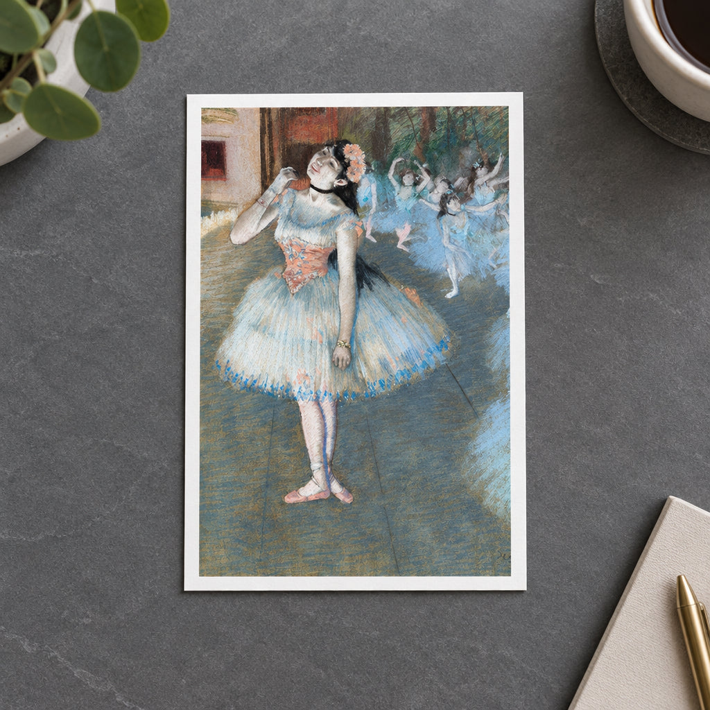 Impressionist-style painting of a ballerina in a light blue tutu with pink accents, standing in a dance studio with other dancers blurred in the background.