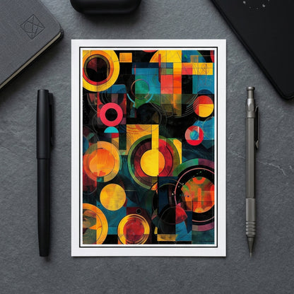 Abstract geometric art print featuring a vibrant collage of circles, arcs, and rectangular blocks in yellow, orange, red, teal, green, and black.