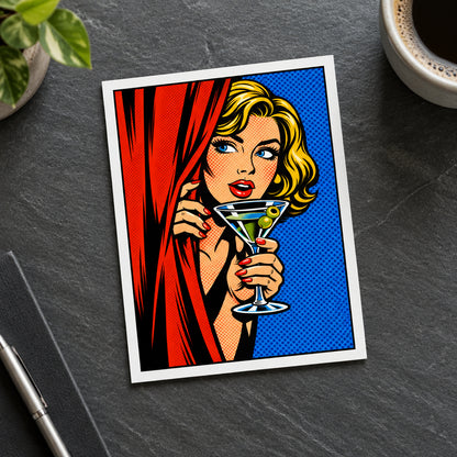 Pop-art style illustration of a blonde woman peeking from behind a red curtain and holding a martini glass with two green olives, set against a blue halftone background.
