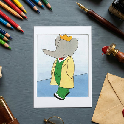 A stylized illustration of a gray elephant wearing a yellow coat, green outfit, red bow tie, and a small yellow crown, centered on a white background with a thin black border.