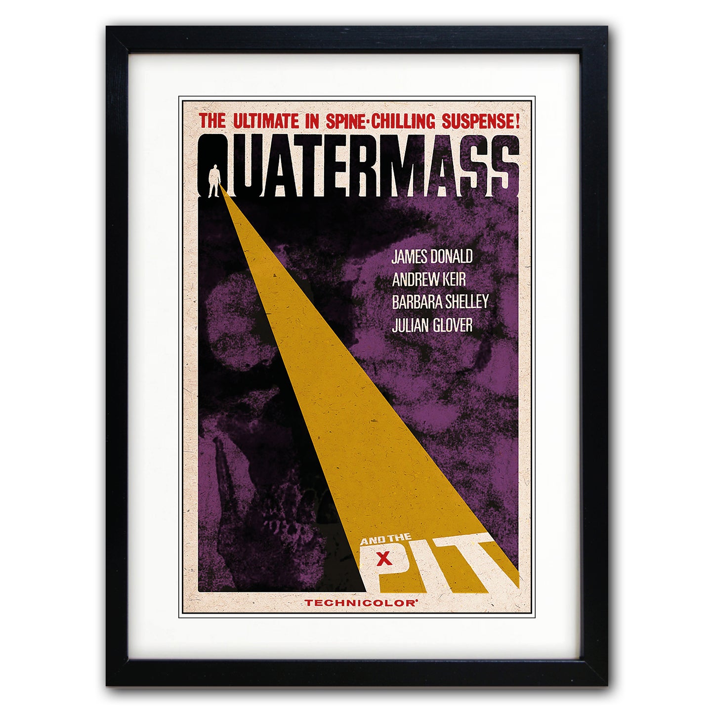 A framed vintage movie poster for the film 'Quatermass' with a black frame, white mat, and a poster design featuring purple, yellow, black, and red elements.