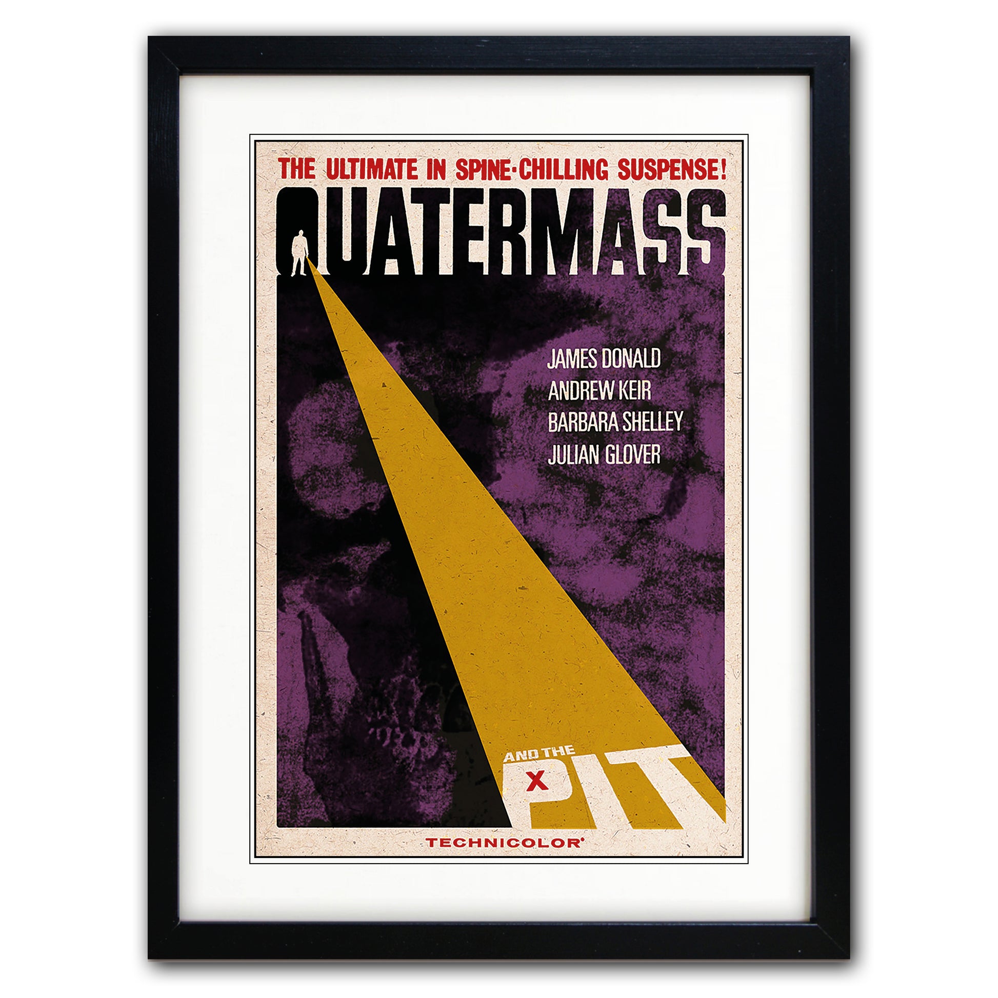 A framed vintage movie poster for the film 'Quatermass' with a black frame, white mat, and a poster design featuring purple, yellow, black, and red elements.