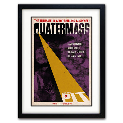 A framed vintage movie poster for the film 'Quatermass' with a black frame, white mat, and a poster design featuring purple, yellow, black, and red elements.