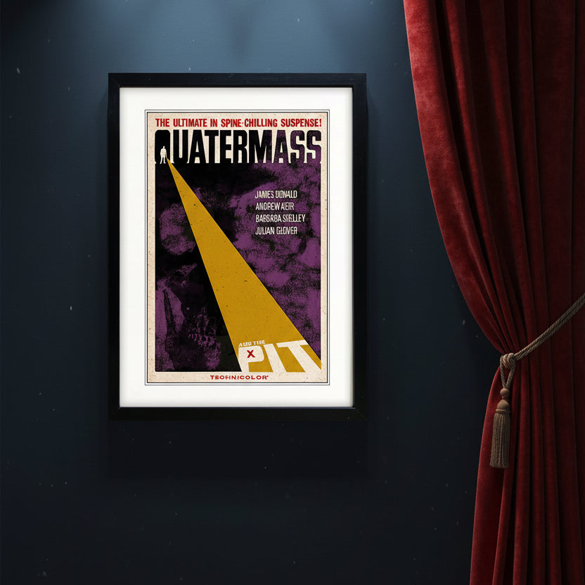 A framed vintage movie poster for the film 'Quatermass' with a black frame, white mat, and a poster design featuring purple, yellow, black, and red elements.