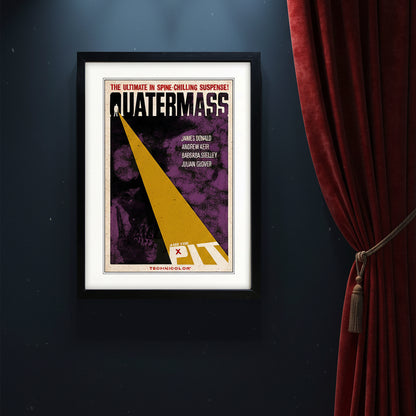 A framed vintage movie poster for the film 'Quatermass' with a black frame, white mat, and a poster design featuring purple, yellow, black, and red elements.