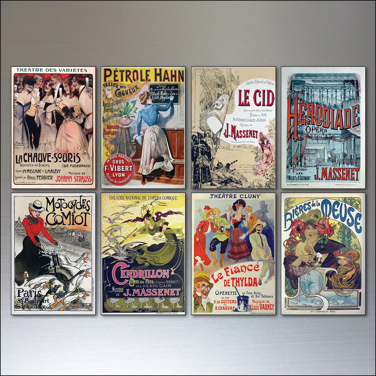 Set of 8 vintage French bohemian advert fridge magnets by Bubbadoodoo featuring retro poster designs on a magnetic backing.