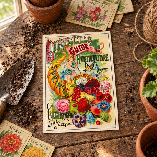 Vintage illustrated cover art for Lovett's Guide to Horticulture, featuring a colorful spring harvest scene with flowers, fruit, butterflies, and a small figure in a blue swimsuit on a cream background.