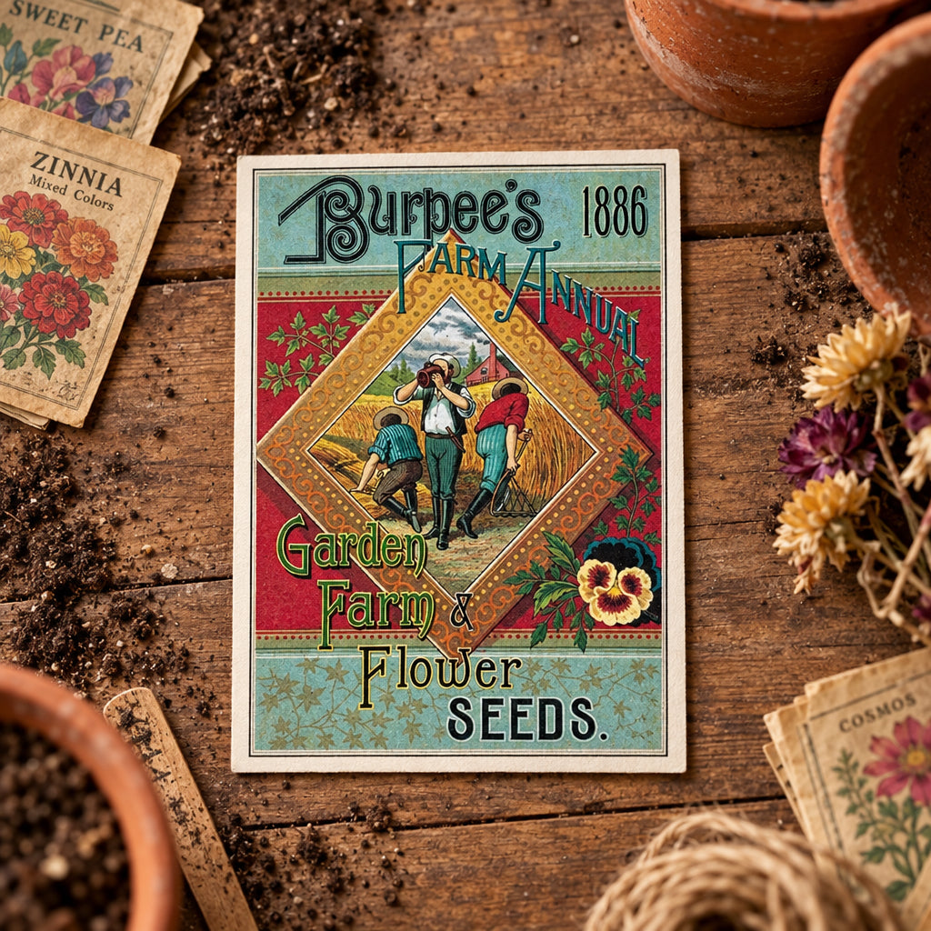 Vintage-style cover art for Burbee's Farm Annual 1886 Garden Farm & Flower Seeds, featuring illustrated figures in a field, floral motifs, and decorative text on a teal and red background.