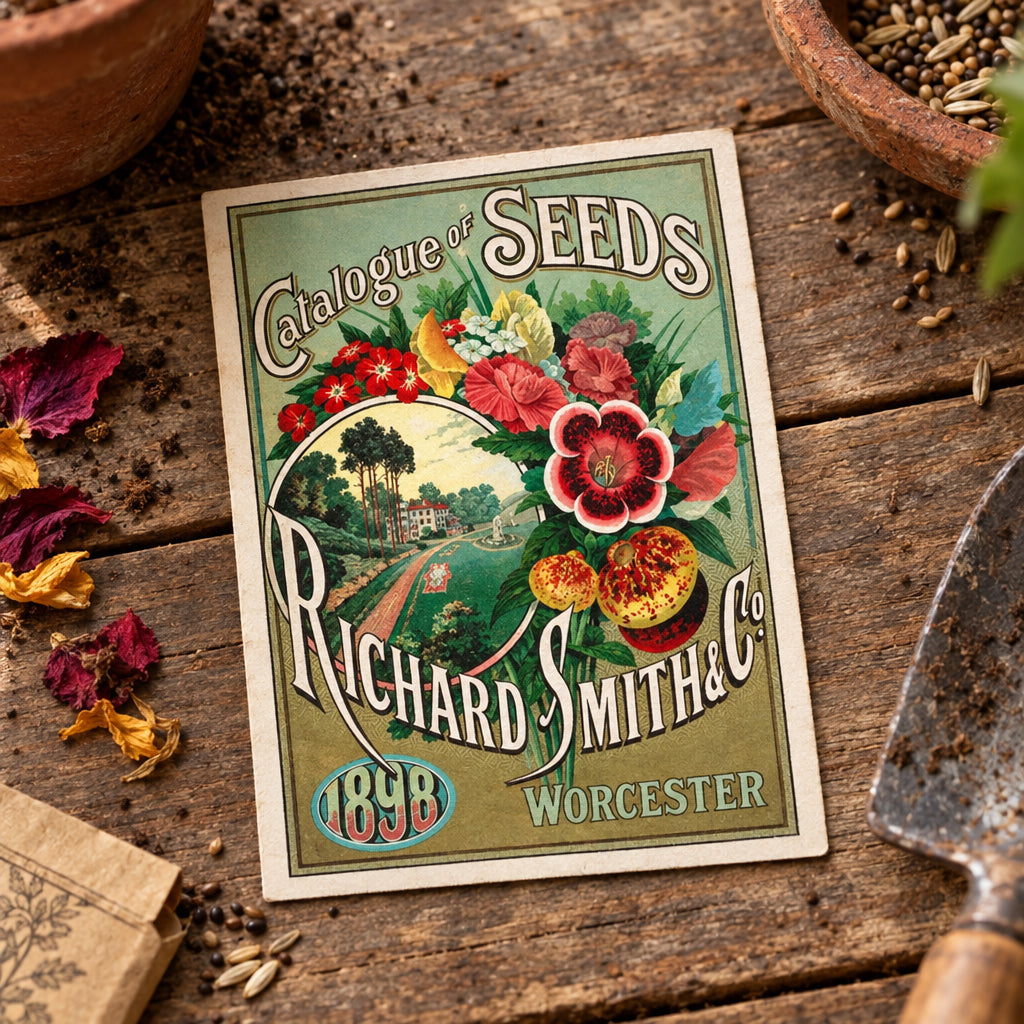 Vintage seed catalog poster for Richard Smith & Co. Worcester, 1898, featuring colorful illustrated flowers, seed pods, and a landscape scene with the text 'Catalogue of Seeds' and 'Worcester'.