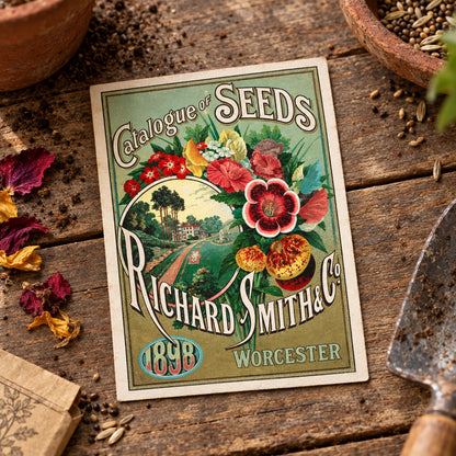 Vintage seed catalog poster for Richard Smith & Co. Worcester, 1898, featuring colorful illustrated flowers, seed pods, and a landscape scene with the text 'Catalogue of Seeds' and 'Worcester'.